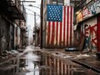 An urban alley's grittiness contrasts with the bright and vivid details of an American flag mural, celebrating resilience amidst adversity.