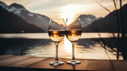 Two glasses of champagne at sunrise or sunset with a view of the lake with mountains.