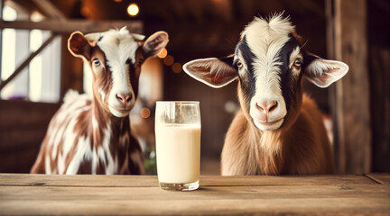 Fresh milk on a wooden table with a goats and agricultural farm in the background, digital ai