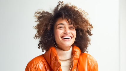 Wall Mural - Happy young african american woman smiling and looking carefree, joyful chuckle over smth funny, standing over white background. People, fun, emotions, happiness.