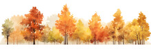Autumn Trees  Watercolor Horizontal Banner Isolated On Transparent Background