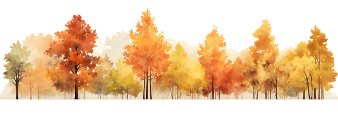 autumn trees watercolor horizontal banner isolated on transparent background