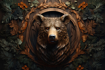 Sticker - wooden figure of wild bear head with golden leaves