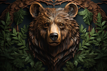 Wall Mural - wooden figure of wild bear head with golden leaves