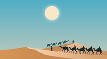 Camels In The Desert. Vector Illustration Of A Caravan Of Camels Walking Along The Dunes In The Desert. Template For Creativity.