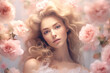 Abstract woman portrait with flowers on pink background. Makeup in soft pastel shades accentuates tenderness and romance. Banner. Generative Ai content.