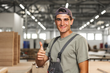 Wall Mural - Portrait of young male carpenter standing in the wood workshop