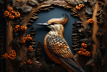  Woodpecker On Dark Wooden Background.