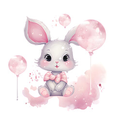 Pink cute bunny with balloons watercolor cartoon illustration isolated on transparent background