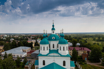 Wall Mural - View of the Spassky Cathedral and the city of Yelabuga from the bell tower of the Spassky Cathedral on a sunny spring day. Yelabuga, Tatarstan, Russia