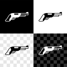 Set Vintage Pistol Icon Isolated On Black And White, Transparent Background. Ancient Weapon. Vector