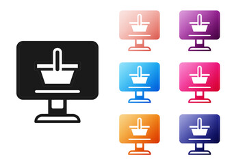 Poster - Black Shopping cart on screen computer icon isolated on white background. Concept e-commerce, e-business, online business marketing. Set icons colorful. Vector