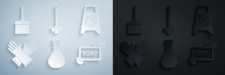 Canvas Print - Set Garbage bag, Wet floor and cleaning in progress, Rubber gloves, Bar of soap with foam, Toilet brush and Handle broom icon. Vector