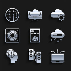 Poster - Set 3D printer, Gamepad, Laptop, Internet of things, Human brain as digital circuit board, Computer cooler, Cloud technology data transfer and storage and Processor icon. Vector