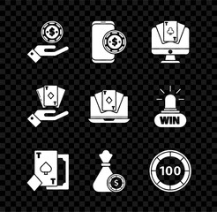 Sticker - Set Hand holding casino chips, Online poker table game, Playing card with spades, Money bag, Casino, deck of playing cards and icon. Vector