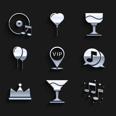 Sticker - Set Location Vip, Cocktail, Music note, tone, Musical in speech bubble, Crown, Balloons with ribbon, and Vinyl disk icon. Vector