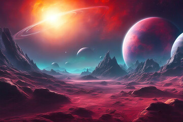 Wall Mural - landscape of an alien planet, beautiful view of red desert on another planet, fictional sci-fi backg