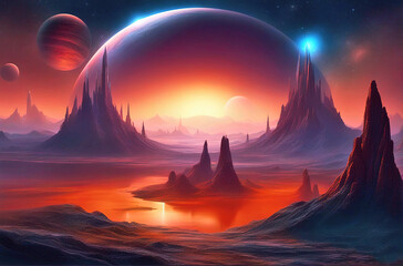 Wall Mural - alien planet landscape with glowing sun and mountains with fantastic rocks formations 3d illustratio
