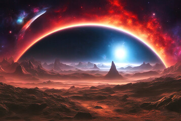Wall Mural - alien planet landscape with glowing sun and mountains with fantastic rocks formations 3d illustratio