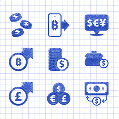 Sticker - Set Coin money with dollar, Currency exchange, Stacks paper cash, Wallet coins, Financial growth and pound, bitcoin, and icon. Vector