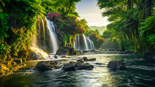  Waterfalls Are Surrounded By Flowers And Green Vegetation