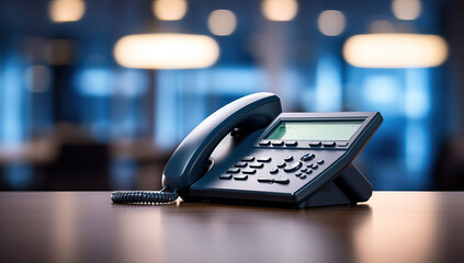 Close up of a telephone on a desk in a modern office.