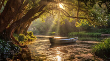 A Small Boat Under A Tree Beside A River, The Rays Of The Sun Through The Leaves Illuminate The Brilliant Forest With Flowers On Both Sides Of The Stream,