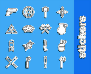 Wall Mural - Set line Medieval axe, Hand grenade, Battle hammer, Brass knuckles, Japanese ninja shuriken, Pistol or gun and Crossed medieval axes icon. Vector