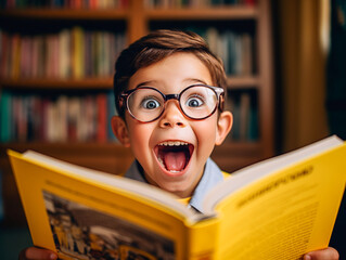 Little boy with amazed expression with wide eyes and mouth while reading a book