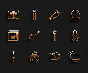 Sticker - Set line Dagger, Witch, Ancient magic book, Fireball, Magic mortar and pestle, Spell, Voodoo doll and wand icon. Vector