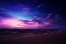 Enigmatic Landscape With Purple Night Sky Over The Desert Dunes. Generative AI
