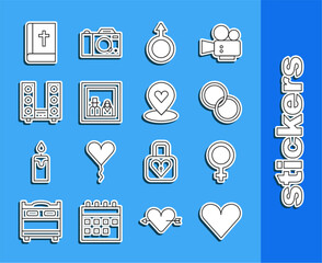 Sticker - Set line Heart, Female gender symbol, Wedding rings, Male, Family photo, Home stereo with two speakers, Holy bible book and Location heart icon. Vector