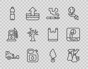 Sticker - Set line Car exhaust, Smoke from factory, Cigarette, Canister for gasoline, Bottle of water, Withered tree, Tree and Wastewater icon. Vector