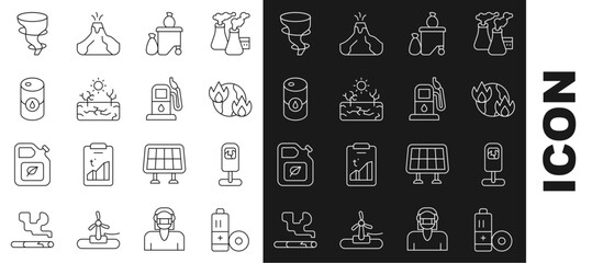 Canvas Print - Set line Battery, Trash can, Global warming fire, Full dustbin, Drought, Barrel oil, Tornado and Petrol gas station icon. Vector