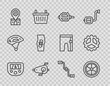 Set line Gps device with map, Bicycle wheel, pedal, pedals, repair service, Plaster on leg, and sprocket crank icon. Vector