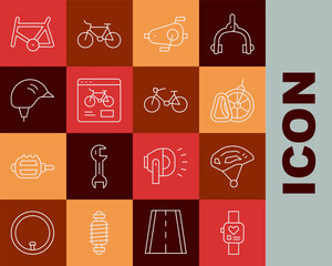 Poster - Set line Smart watch, Bicycle helmet, parking, pedals, rental mobile app, frame and icon. Vector