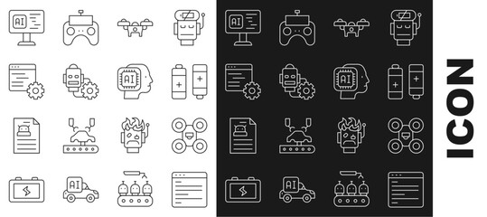 Poster - Set line Computer api interface, Drone, Battery, Robot setting, Software and Humanoid robot icon. Vector