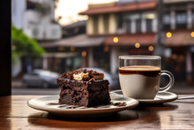 Delicious Brownies And Coffee For Breakfast On Wooden Table In Coffee Shop In Warm Resting Light In The Background. Good Lifestyle Concept For Eating And Resting.