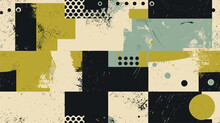 Geometric Distress Aesthetics In Abstract Pattern Design. Brutalism Inspired Vector Graphics Collage Made With Simple Geometric Shapes And Grunge Texture