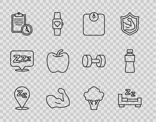 Wall Mural - Set line Sleepy, Time to sleep, Bathroom scales, Bodybuilder muscle, Sport training program, Apple, Broccoli and Bottle of water icon. Vector