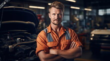 A car mechanic in an equipped garage, uniformed, with tools at the ready, standing next to a car engine