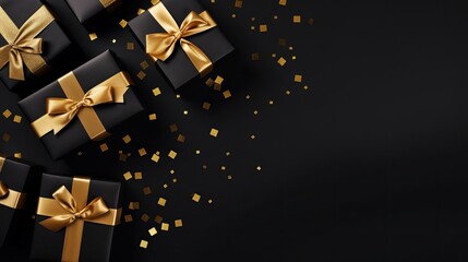 Top view photo of black gift boxes with black ribbon bow tag and golden confetti on isolated black background with blank space