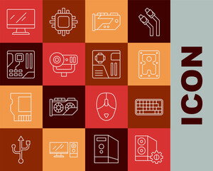 Poster - Set line Case of computer, Keyboard, Hard disk drive HDD, Video graphic card, Web camera, Motherboard digital chip, Computer monitor screen and icon. Vector