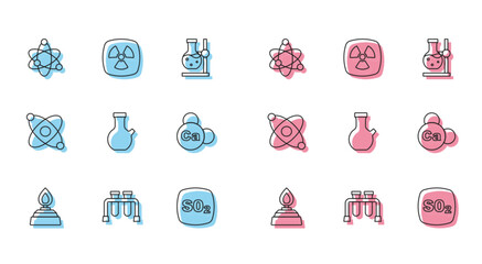 Wall Mural - Set line Alcohol or spirit burner, Test tube, Atom, Sulfur dioxide SO2, Mineral Ca Calcium, and Radioactive icon. Vector