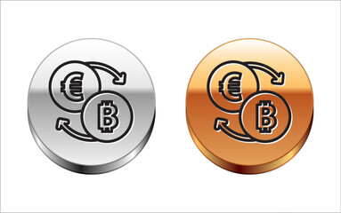 Poster - Black line Cryptocurrency exchange icon isolated on white background. Bitcoin to euro exchange icon. Cryptocurrency technology, mobile banking. Silver-gold circle button. Vector