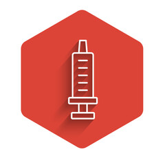 Sticker - White line Syringe icon isolated with long shadow background. Syringe for vaccine, vaccination, injection, flu shot. Medical equipment. Red hexagon button. Vector