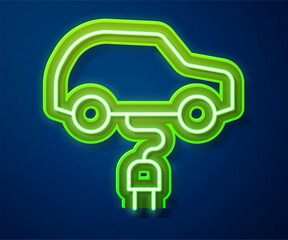 Poster - Glowing neon line Electric car and electrical cable plug charging icon isolated on blue background. Renewable eco technologies. Vector