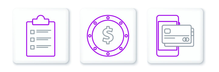 Poster - set line mobile phone and credit card, clipboard with checklist and coin money dollar symbol icon. v