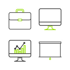Poster - Set line Chalkboard, Computer monitor with graph chart, screen and Briefcase icon. Vector