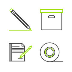 Poster - Set line Scotch, Blank notebook and pen, Carton cardboard box and Pencil with eraser line icon. Vector
